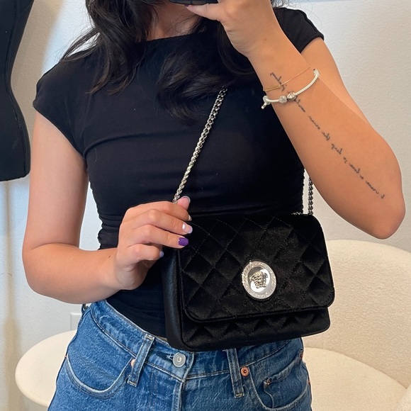 VERSACE Calfskin Nylon Quilted Medusa Chain Crossbody Black - Picture 8 of 8